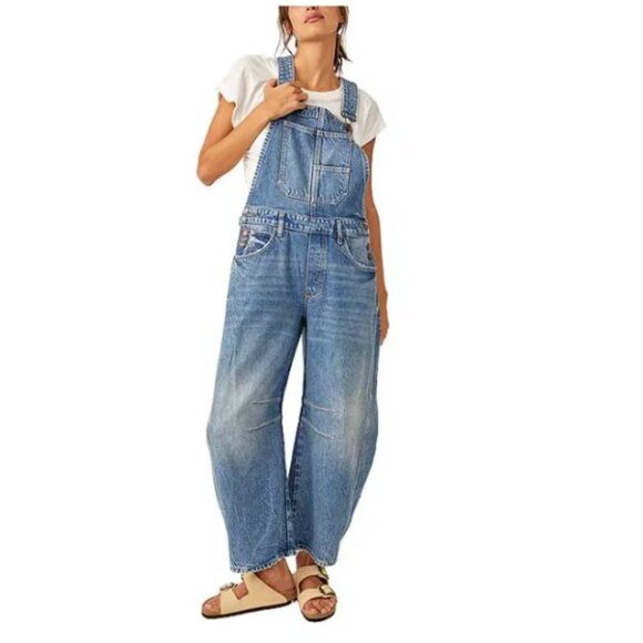 NWT Free People We The Free Good Luck Denim Square Neck Barrel Leg Overalls
